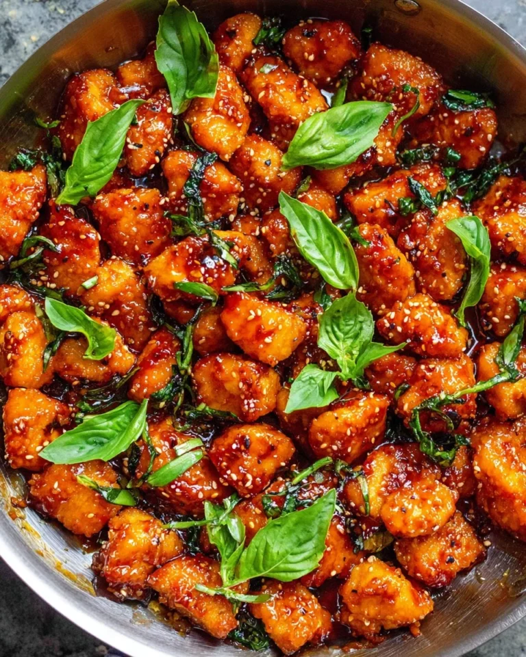 Sticky Basil Chicken garnished with fresh basil leaves and chili peppers.