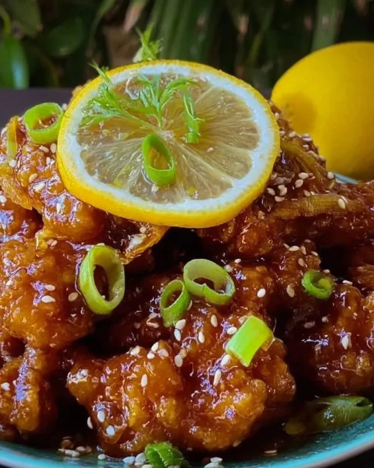 Sticky Chinese Lemon Chicken served with rice and garnished with scallions