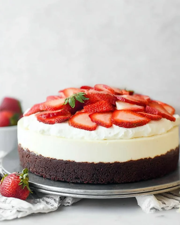 Delicious strawberry brownie cheesecake with fresh strawberries and rich chocolate layers
