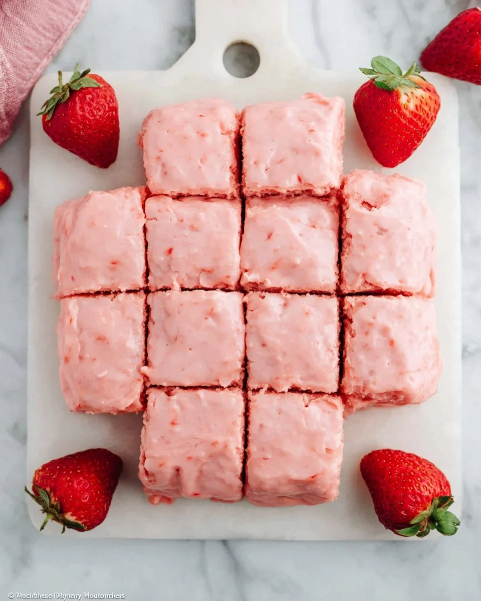 Delicious strawberry brownies topped with fresh strawberries and chocolate drizzle