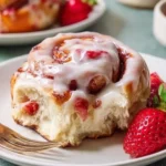 Delicious Strawberry Cheesecake Cinnamon Rolls topped with creamy frosting