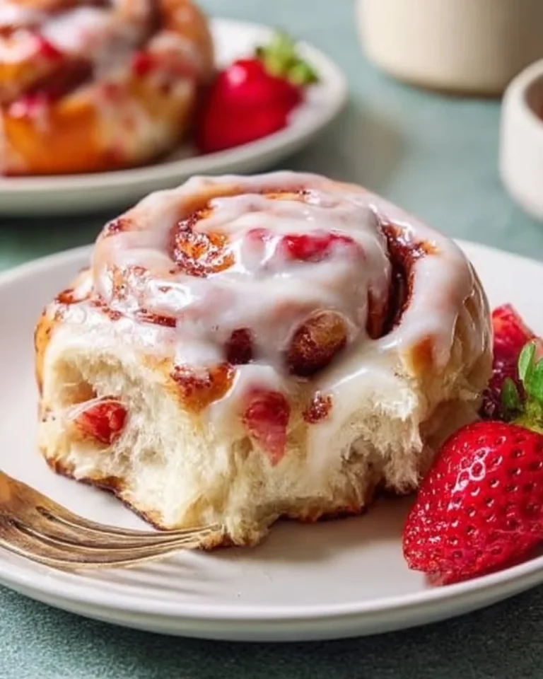 Delicious Strawberry Cheesecake Cinnamon Rolls topped with creamy frosting