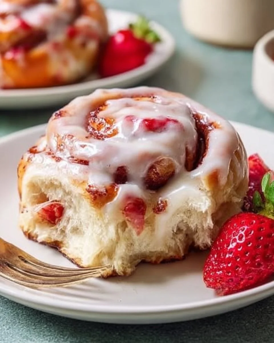 Delicious Strawberry Cheesecake Cinnamon Rolls topped with creamy frosting