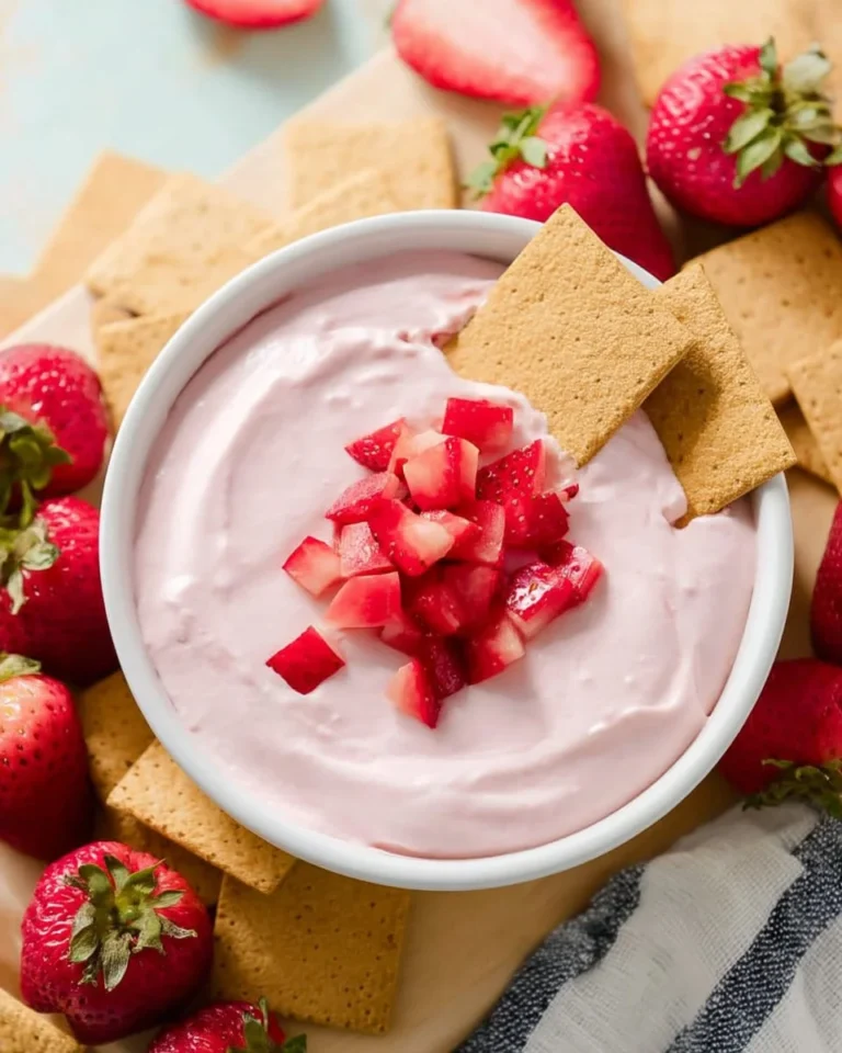 Creamy strawberry cheesecake dip served in a bowl with strawberries.