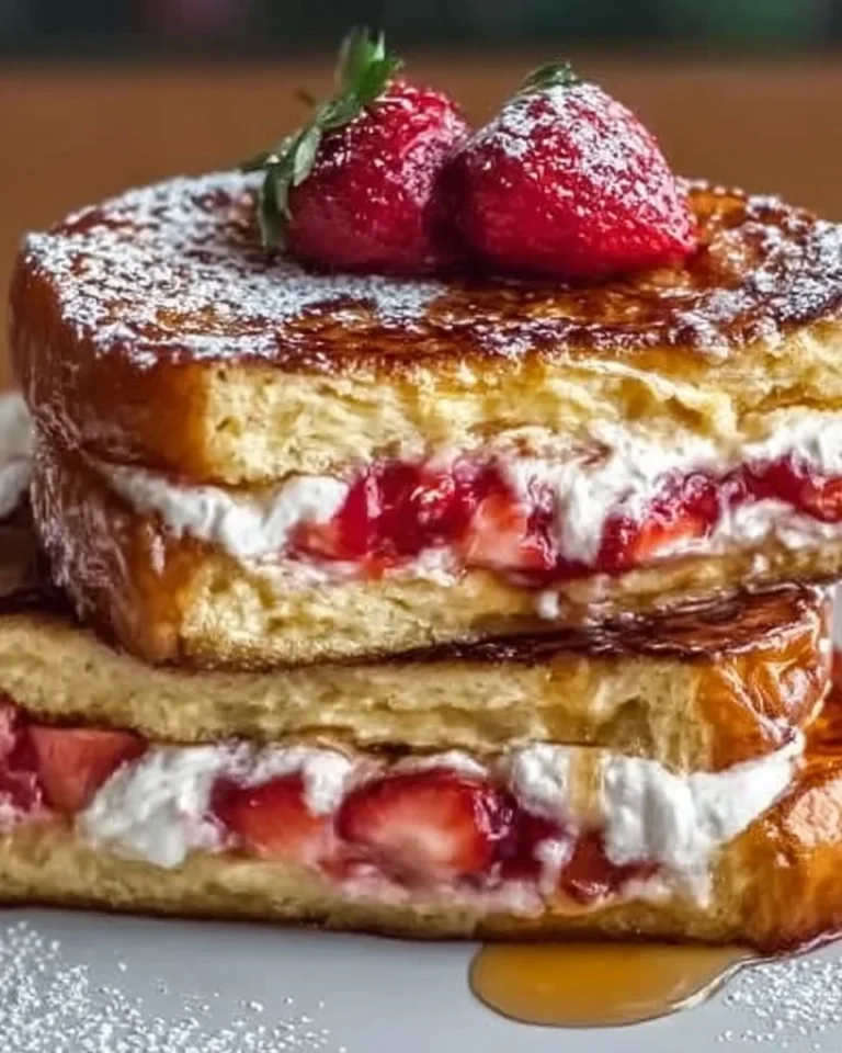 Delicious Strawberry Cream Cheese Stuffed French Toast on a plate