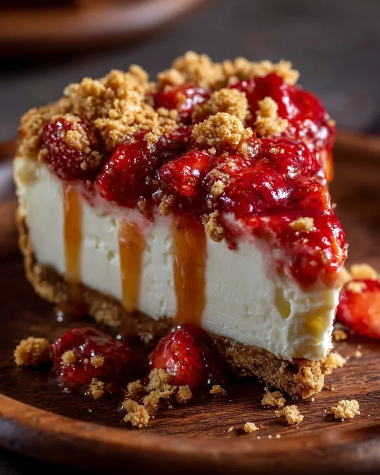 A delicious slice of Strawberry Crunch Cheesecake with fresh strawberries and crunchy topping.