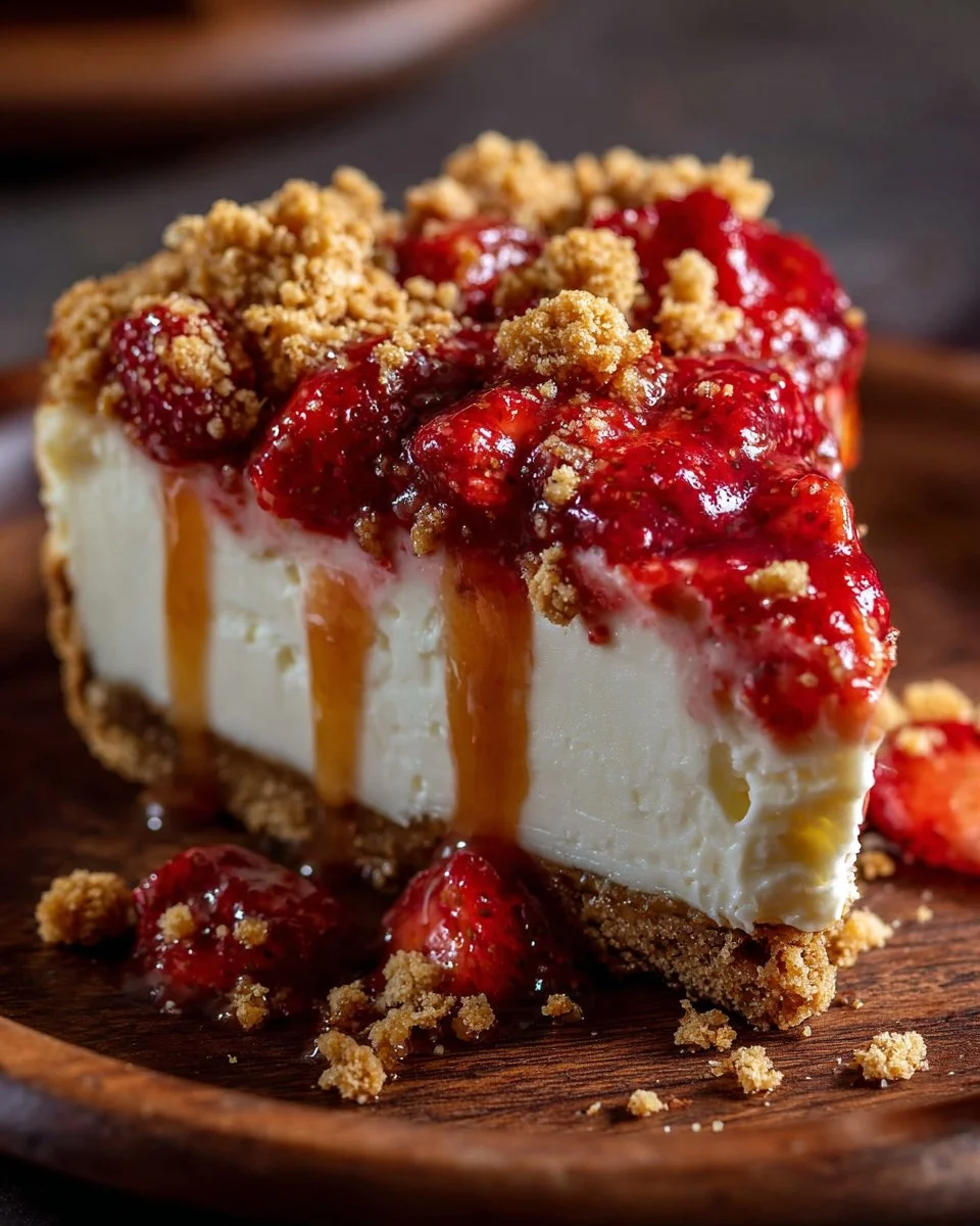 A delicious slice of Strawberry Crunch Cheesecake with fresh strawberries and crunchy topping.