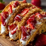 Strawberry Crunch Cheesecake Tacos served on a plate