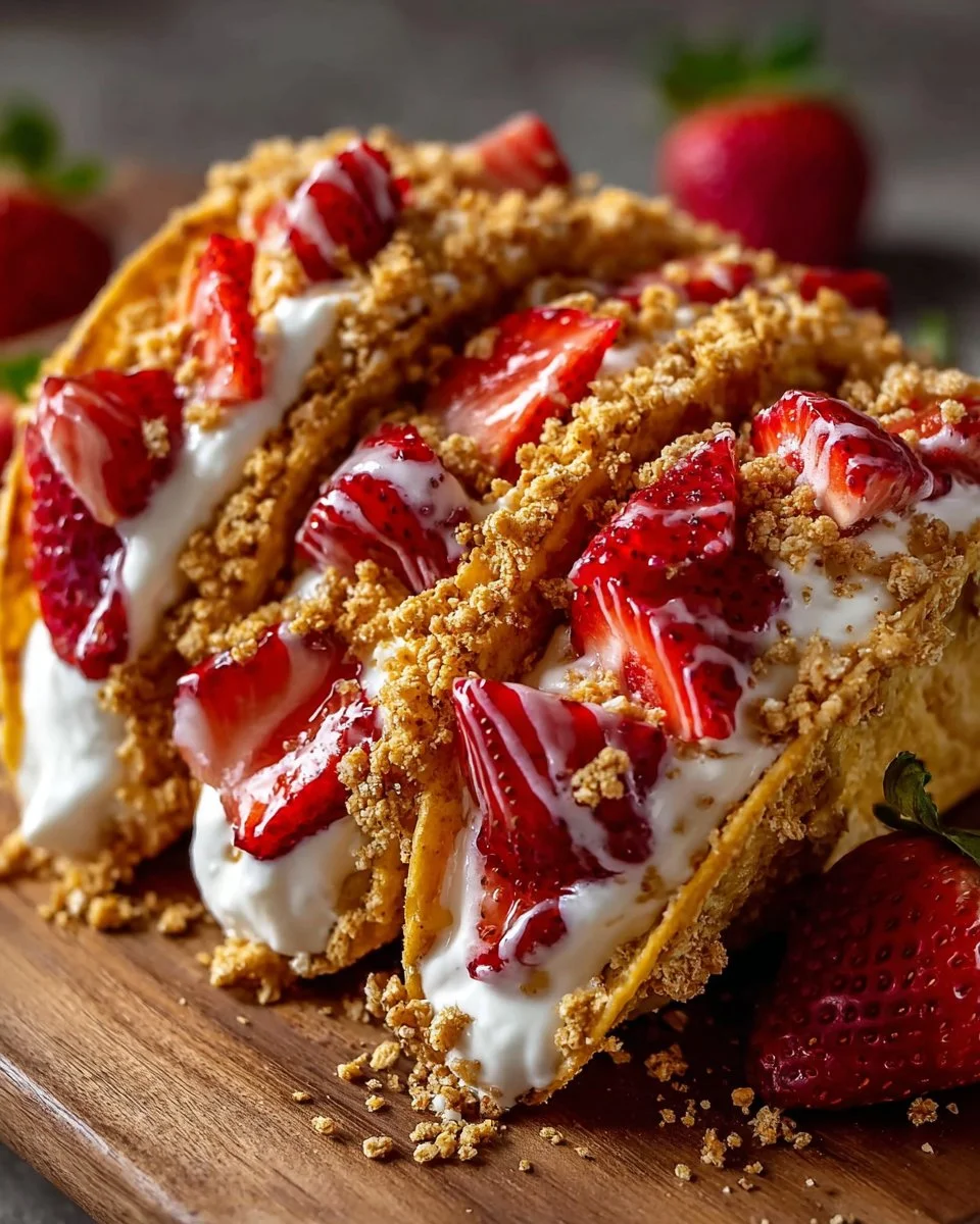 Strawberry Crunch Cheesecake Tacos served on a plate