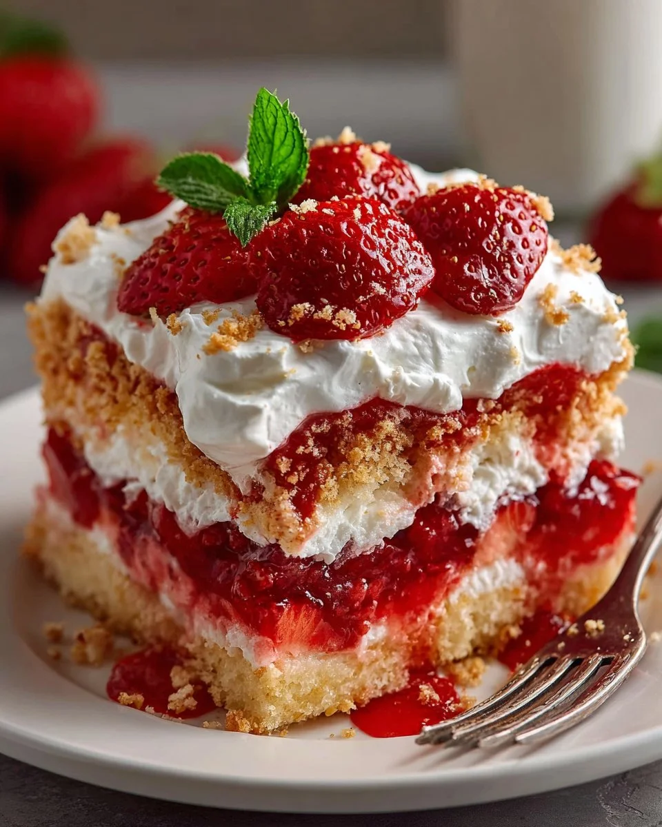 Delicious strawberry crunch poke cake topped with strawberries and whipped cream