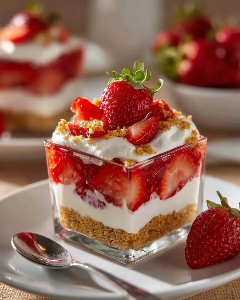 Delicious Strawberry Dream Dessert topped with whipped cream and fresh strawberries