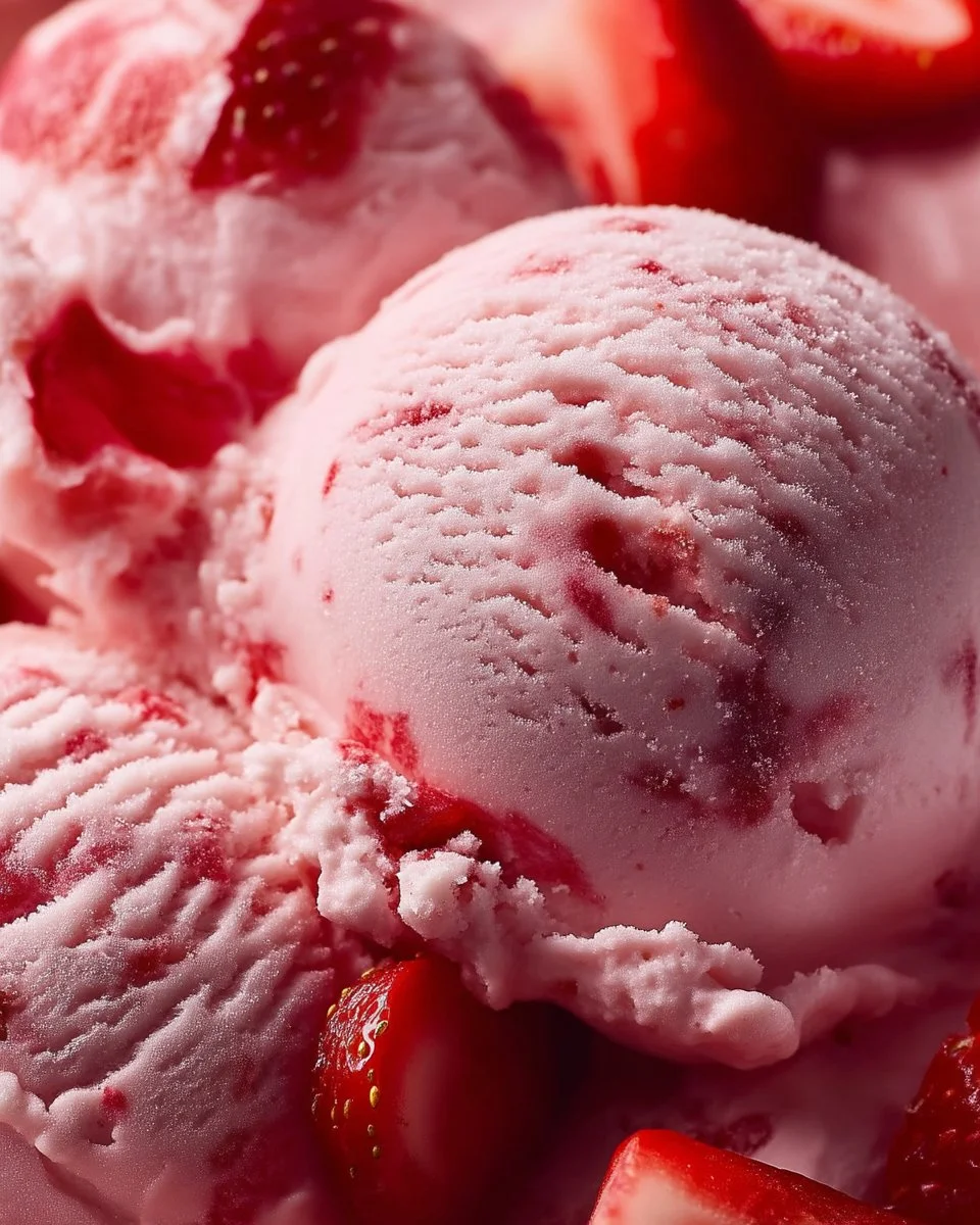 Delicious homemade strawberry ice cream topped with fresh strawberries