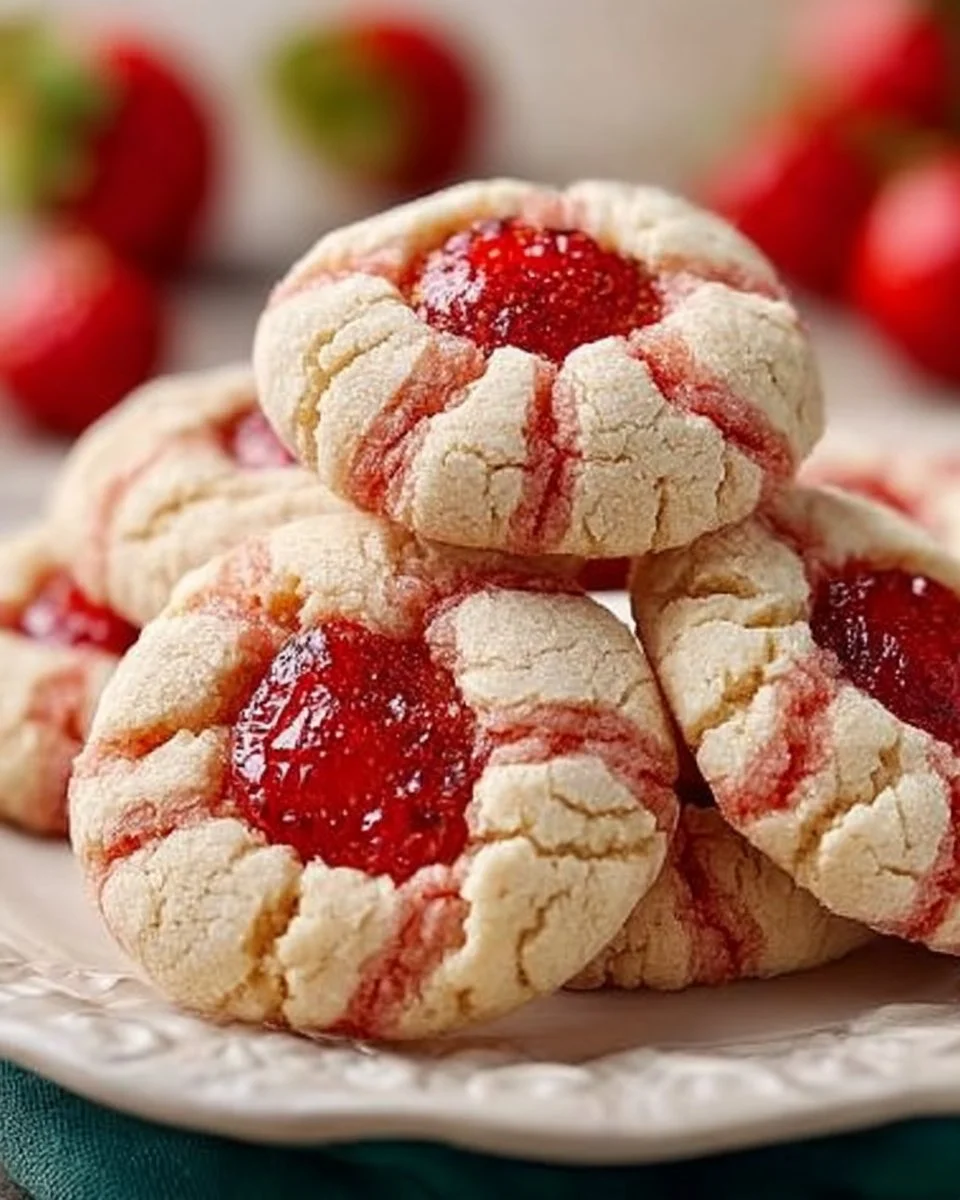 Freshly baked strawberry kiss cookies topped with chocolate kisses.
