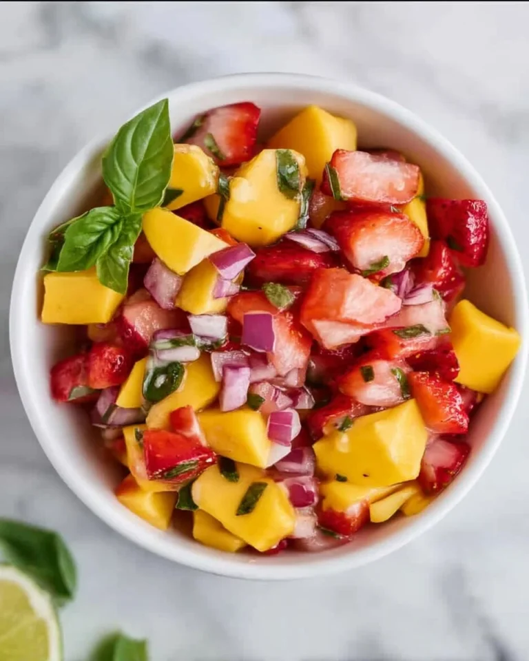 Fresh Strawberry Mango Salsa in a bowl with colorful ingredients