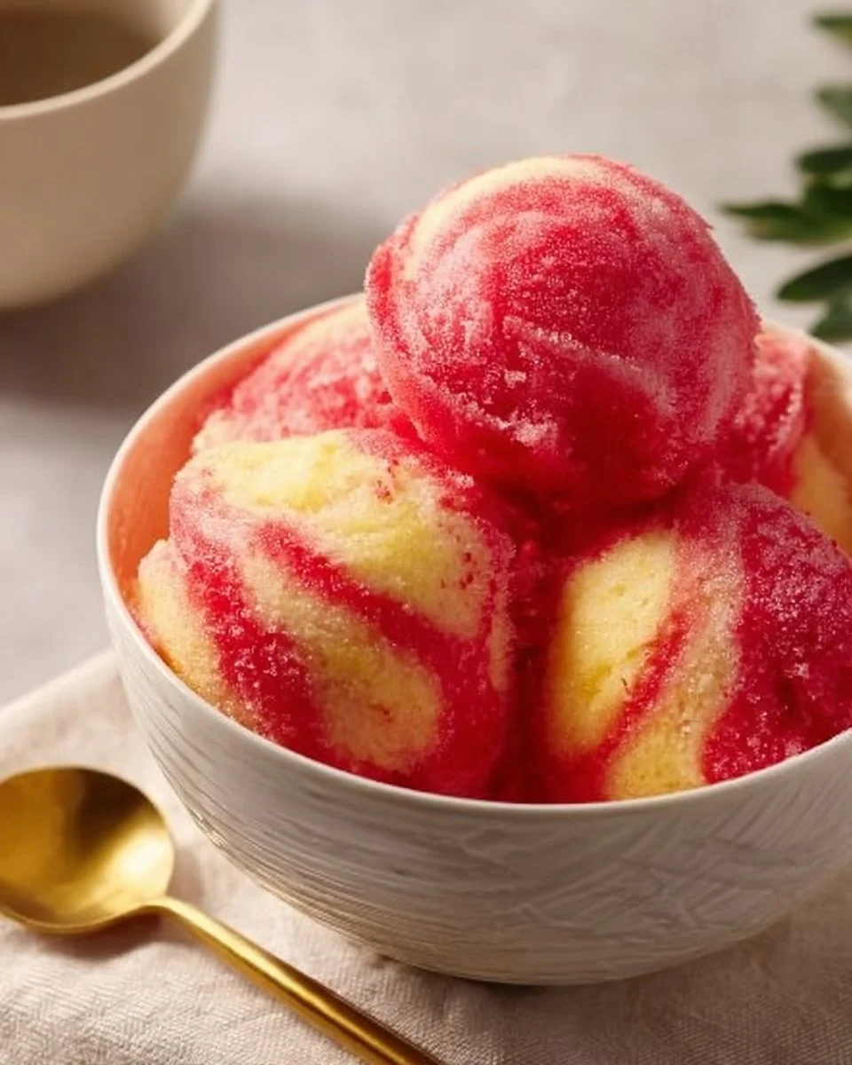 Delicious strawberry pineapple sorbet in a bowl, garnished with fresh fruit.