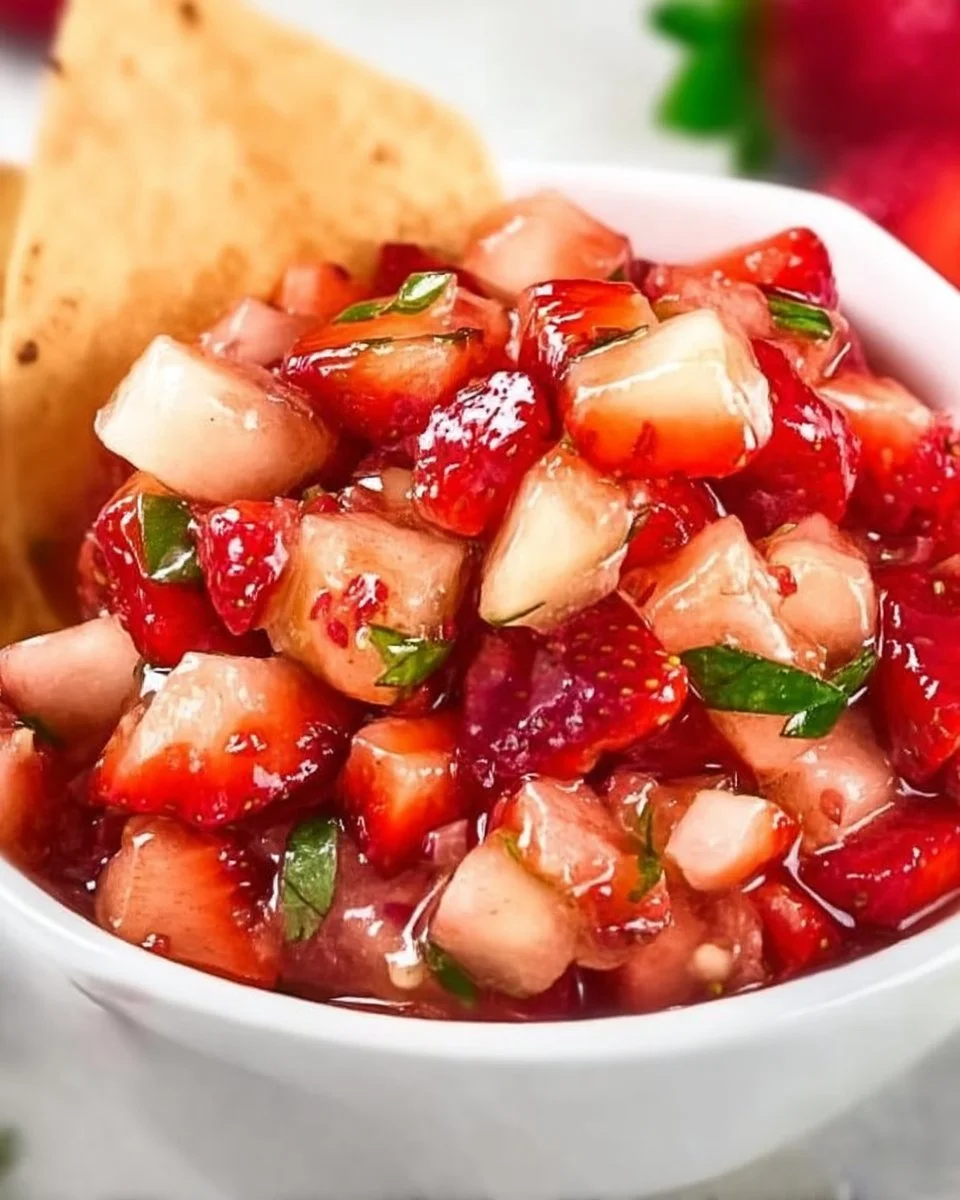 Bowl of vibrant strawberry salsa with fresh ingredients and herbs