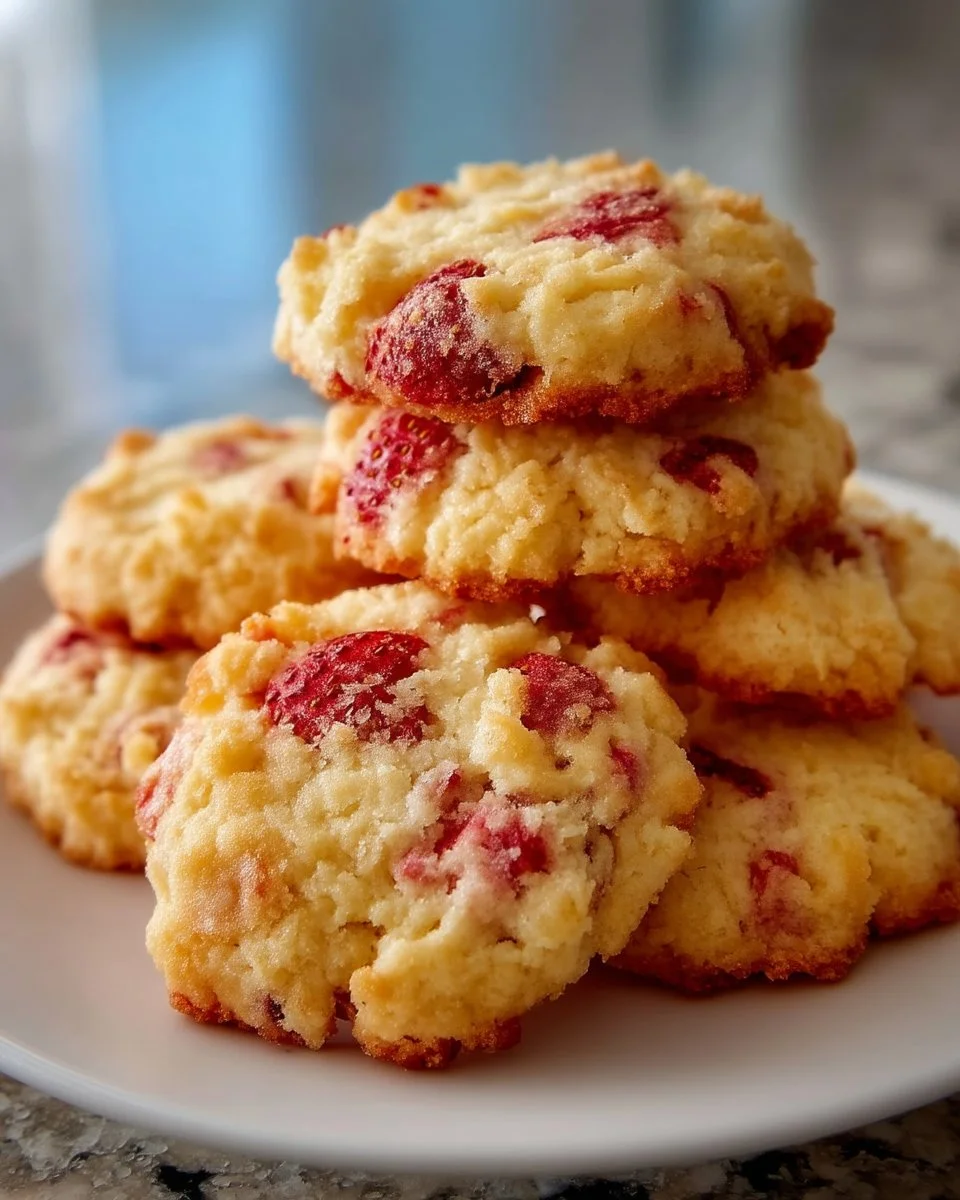Freshly baked Strawberry Shortbread Cookies on a plate