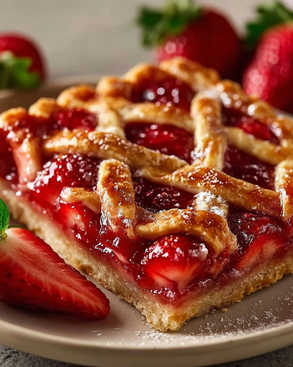 Freshly baked strawberry slab pie with a golden crust and vibrant filling.