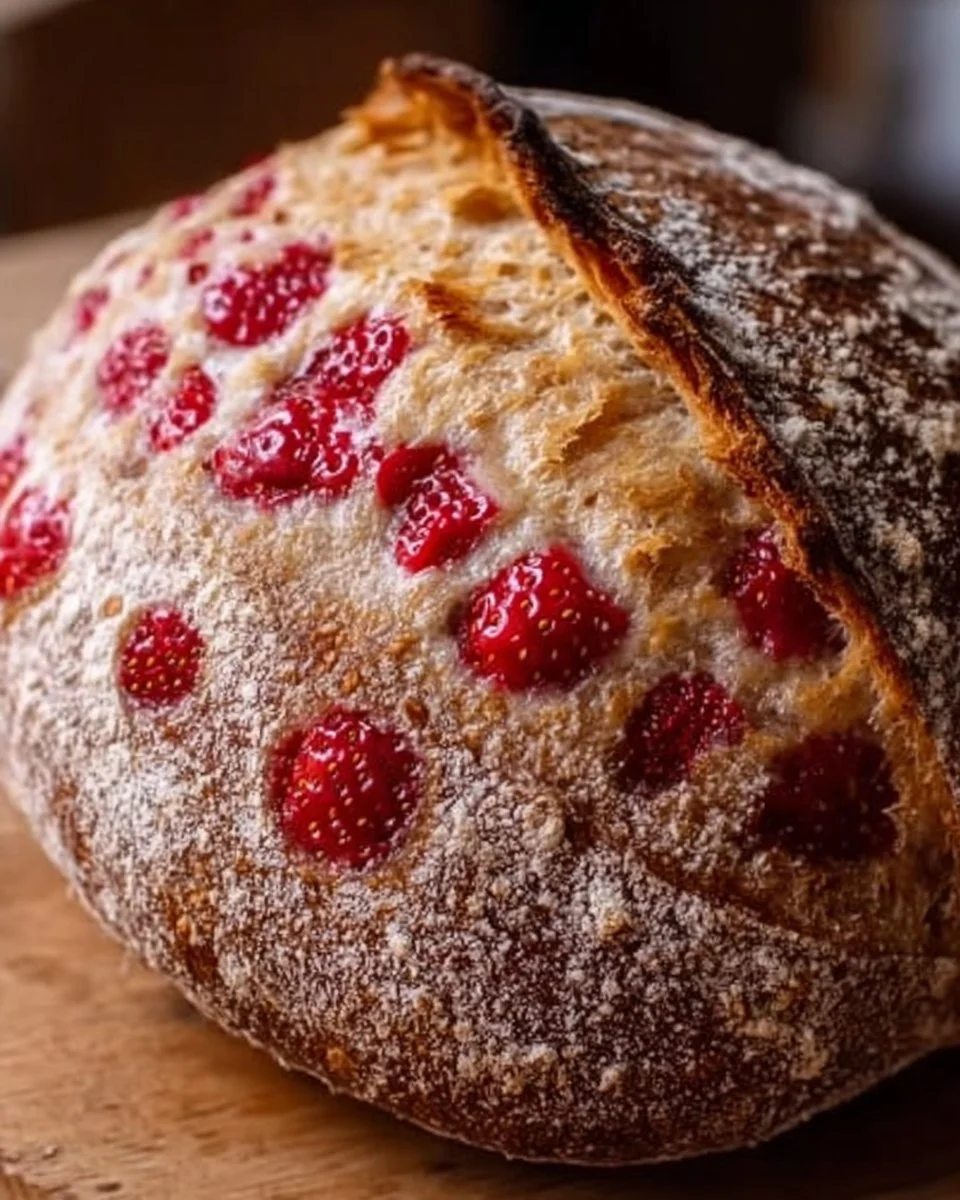 Delicious slice of strawberry sourdough bread on a wooden table