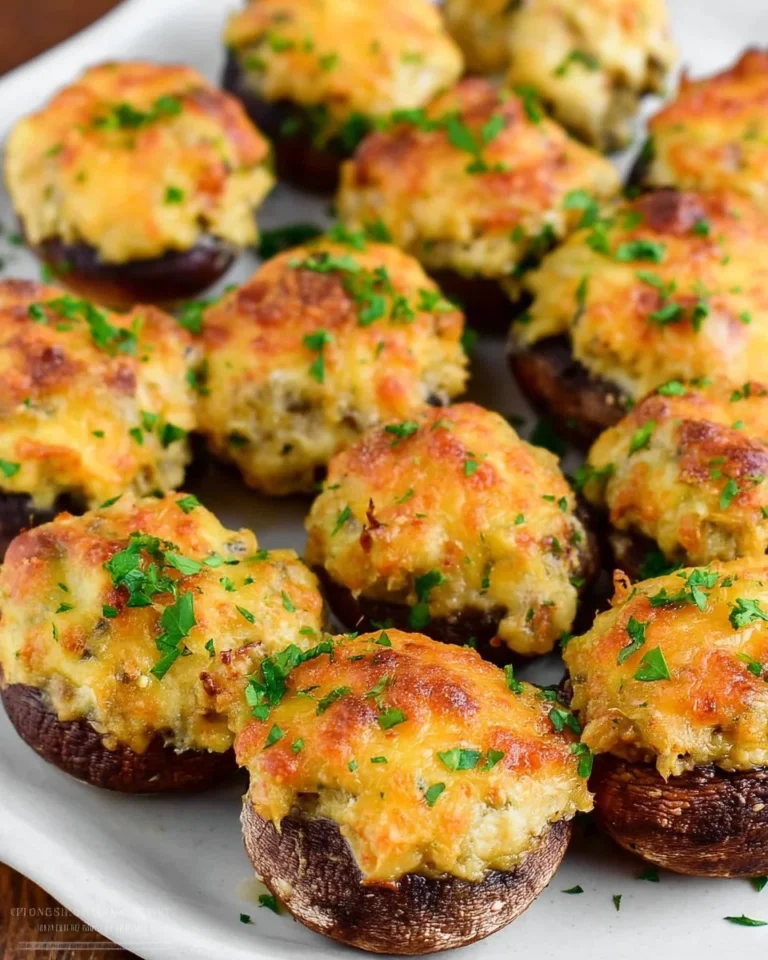 Delicious stuffed mushrooms topped with herbs and cheese, perfect for appetizers.