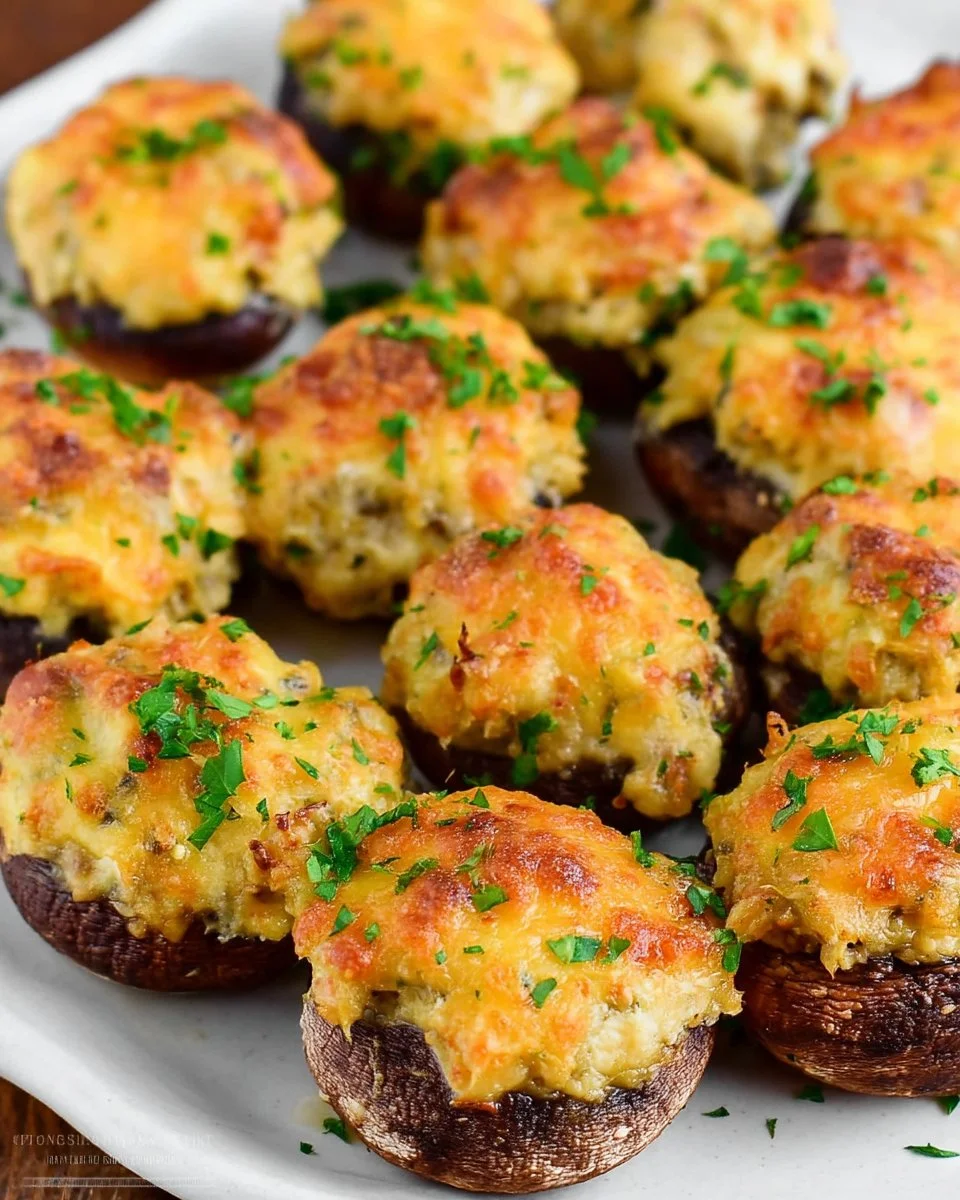 Delicious stuffed mushrooms topped with herbs and cheese, perfect for appetizers.