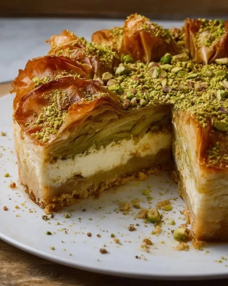 Stunning Baklava Cheesecake topped with nuts and honey on a decorative plate