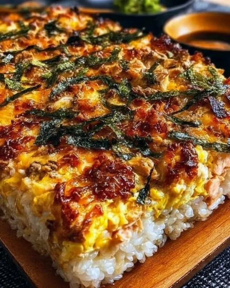 Baked sushi dish garnished with fresh ingredients and served in a tray