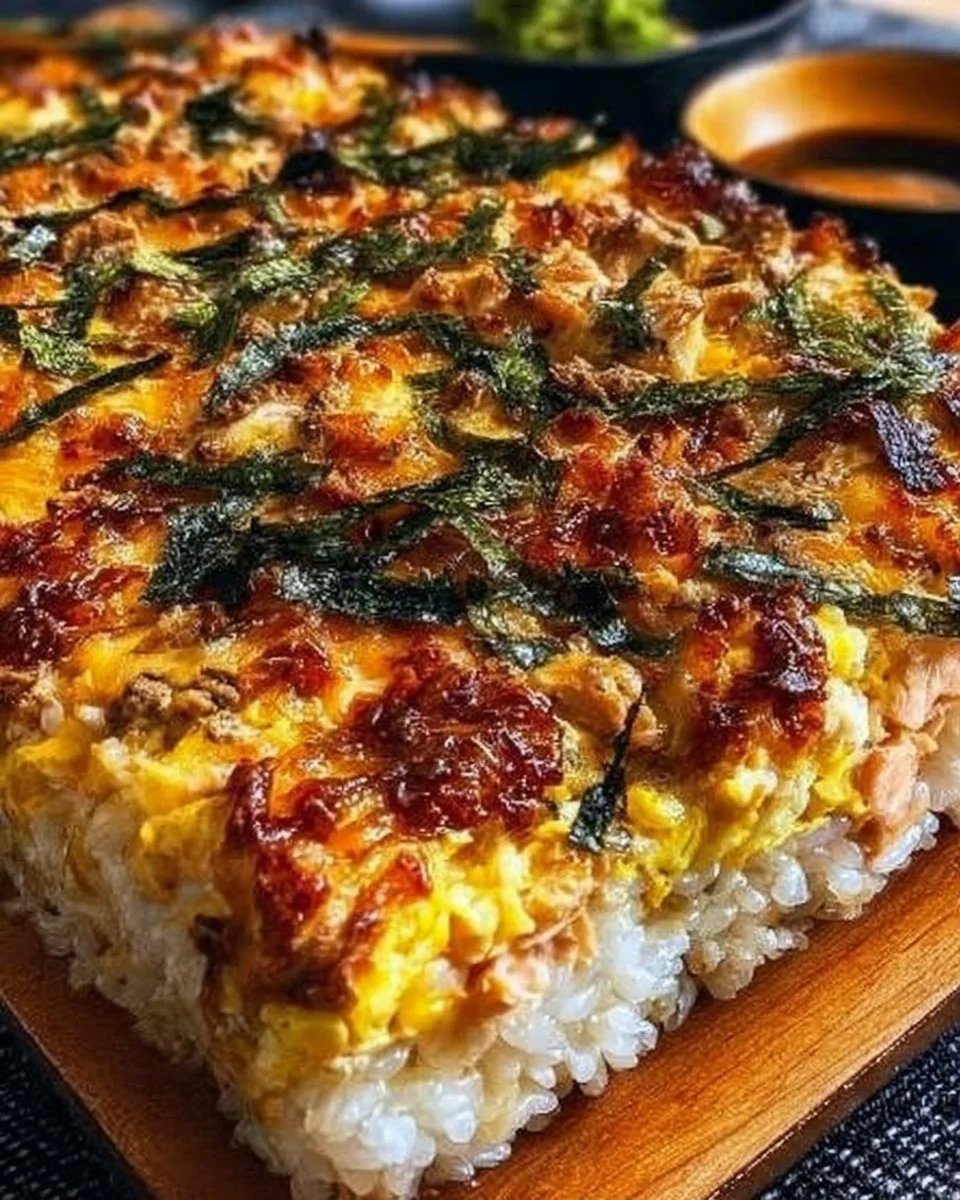 Baked sushi dish garnished with fresh ingredients and served in a tray