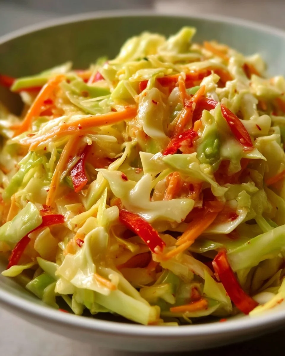 Bowl of Sweet Spicy Pickle Slaw with colorful vegetables and pickles