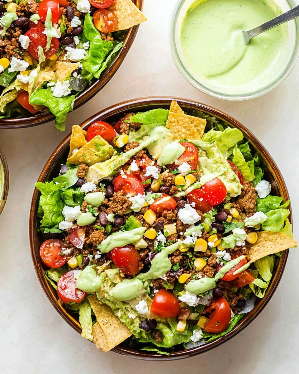 Colorful taco salad bowl filled with fresh ingredients and toppings