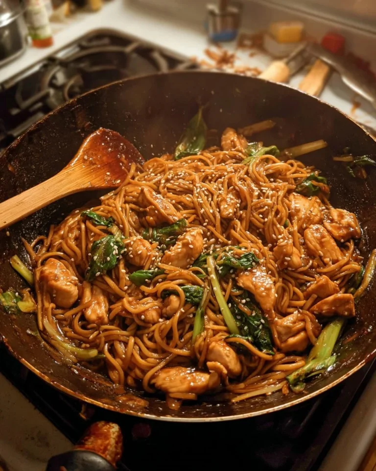 Delicious teriyaki chicken noodle skillet in a colorful presentation