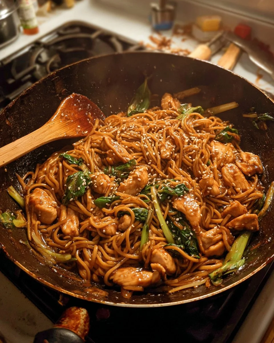 Delicious teriyaki chicken noodle skillet in a colorful presentation