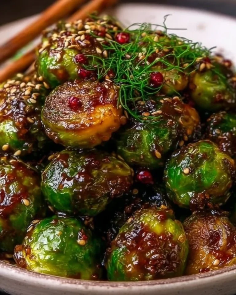Teriyaki glazed brussels sprouts beautifully arranged on a plate.