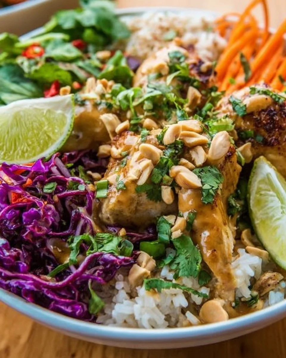 Delicious Thai Peanut Chicken Buddha Bowl with fresh vegetables and peanuts