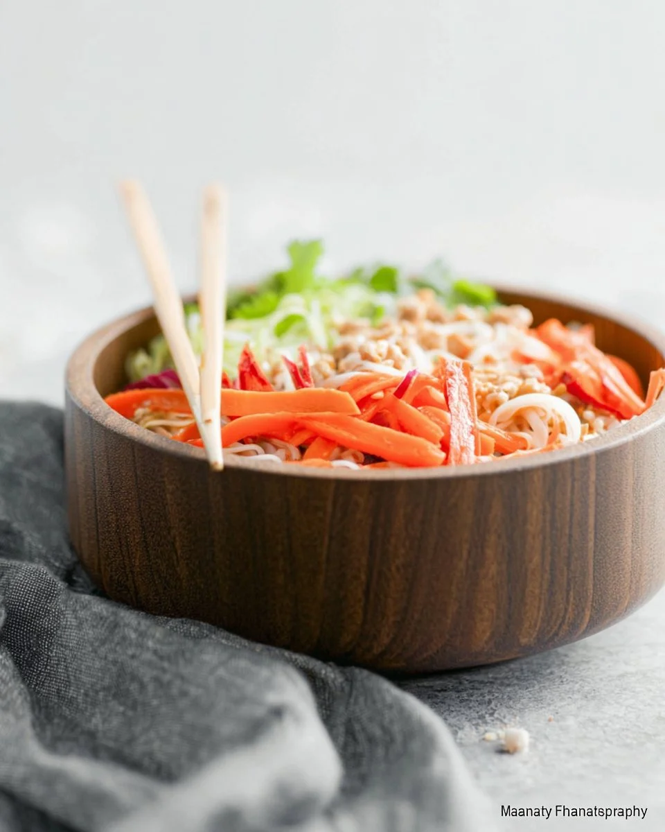 Colorful Thai salad with noodles, cabbage, and fresh vegetables