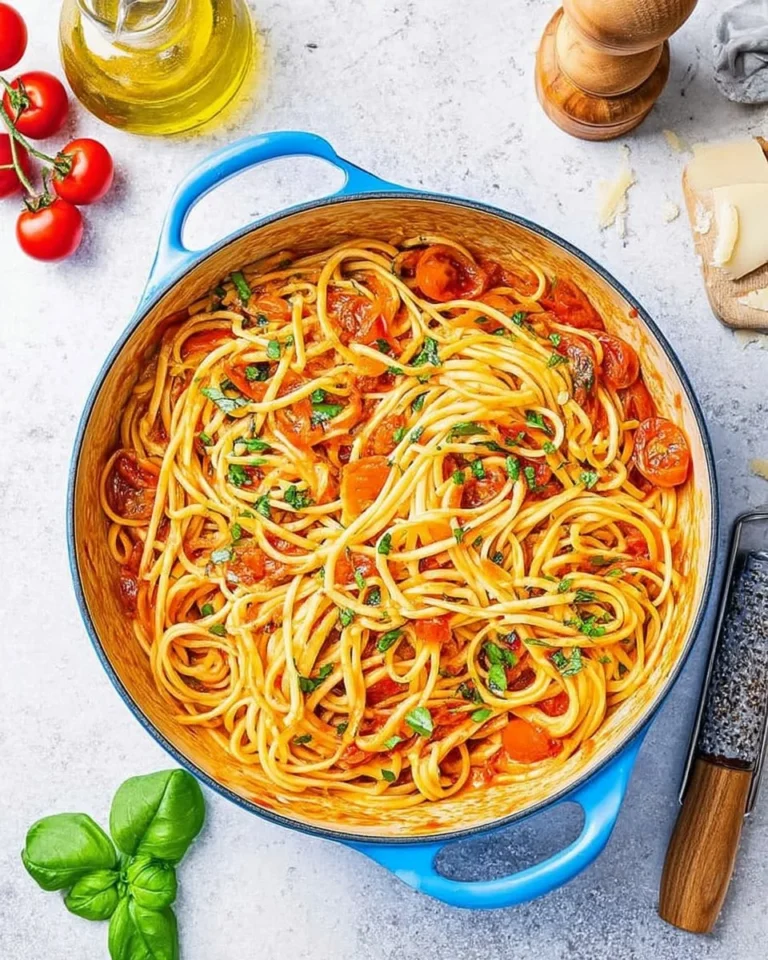 Delicious bowl of homemade Tomato Basil Pasta topped with fresh basil