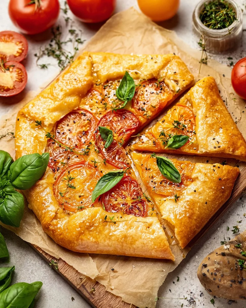 Fresh Tomato Galette with herbs, showcasing a savory pastry dish.