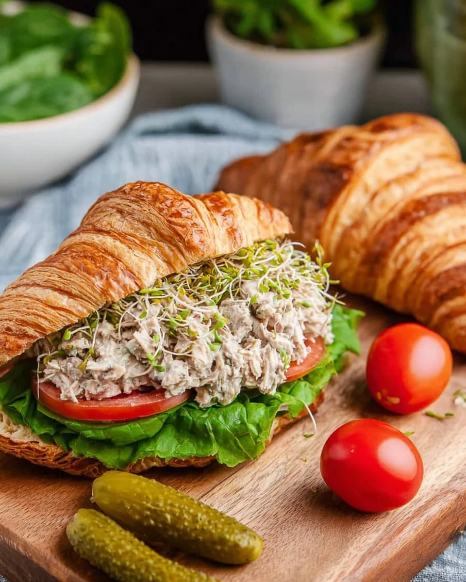 Delicious tuna salad croissant sandwich filled with fresh ingredients