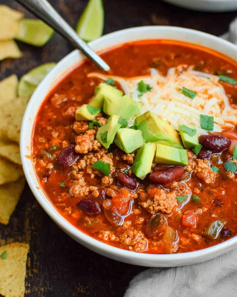 Bowl of homemade Turkey Chili topped with fresh herbs and spices