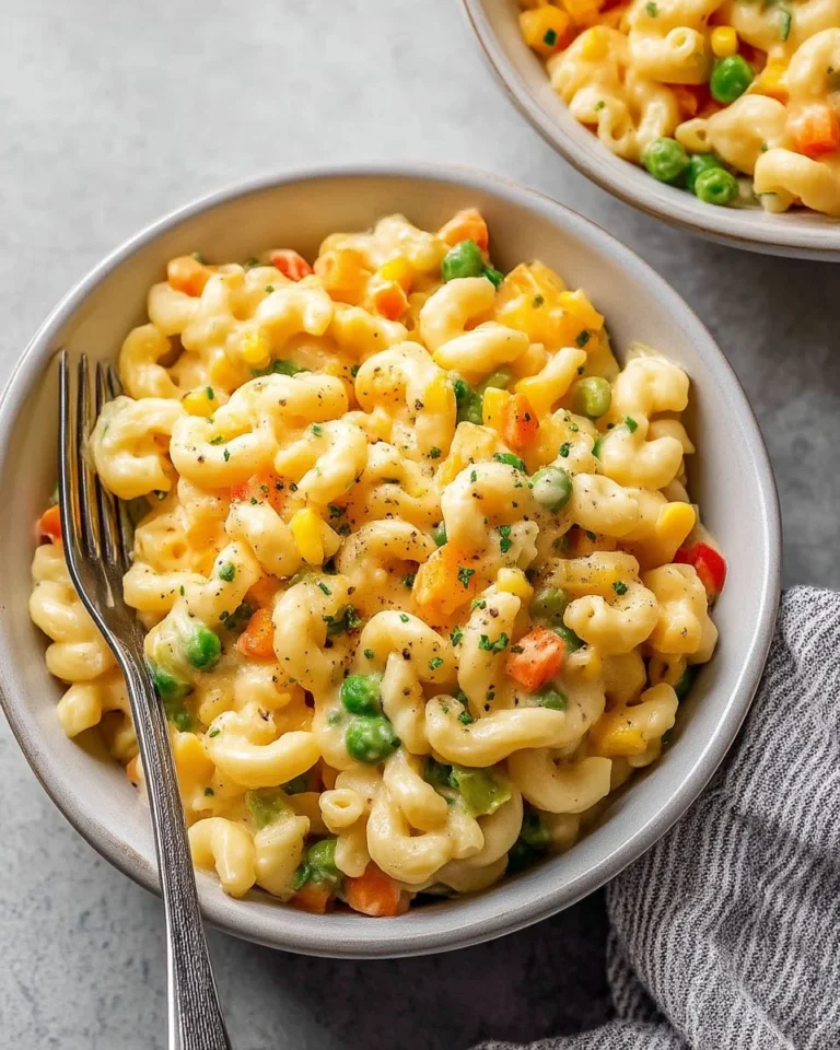 Bowl of Vegetable Macaroni Cheese with colorful vegetables