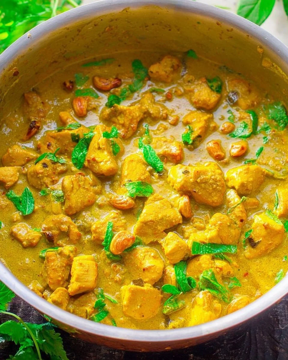 Delicious yellow chicken korma garnished with fresh cilantro and served with rice.