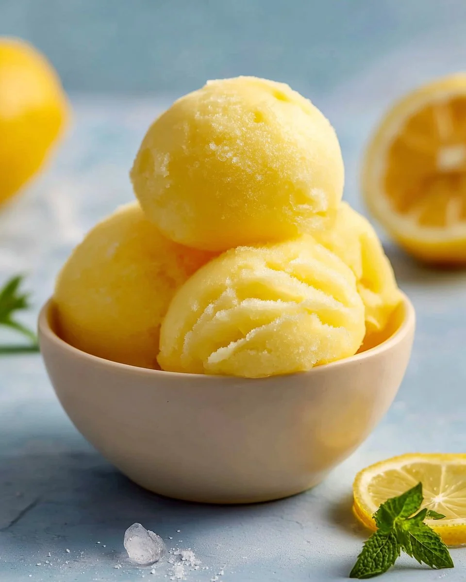 A bowl of zesty lemonade sorbet, refreshing and tangy for summer days.