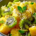 Zesty pineapple kiwi salad served in a bowl, garnished with mint.