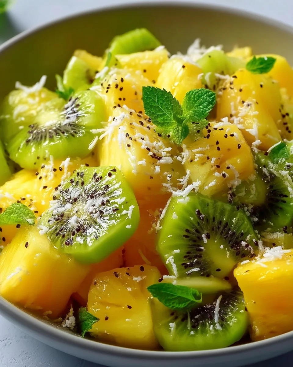 Zesty pineapple kiwi salad served in a bowl, garnished with mint.