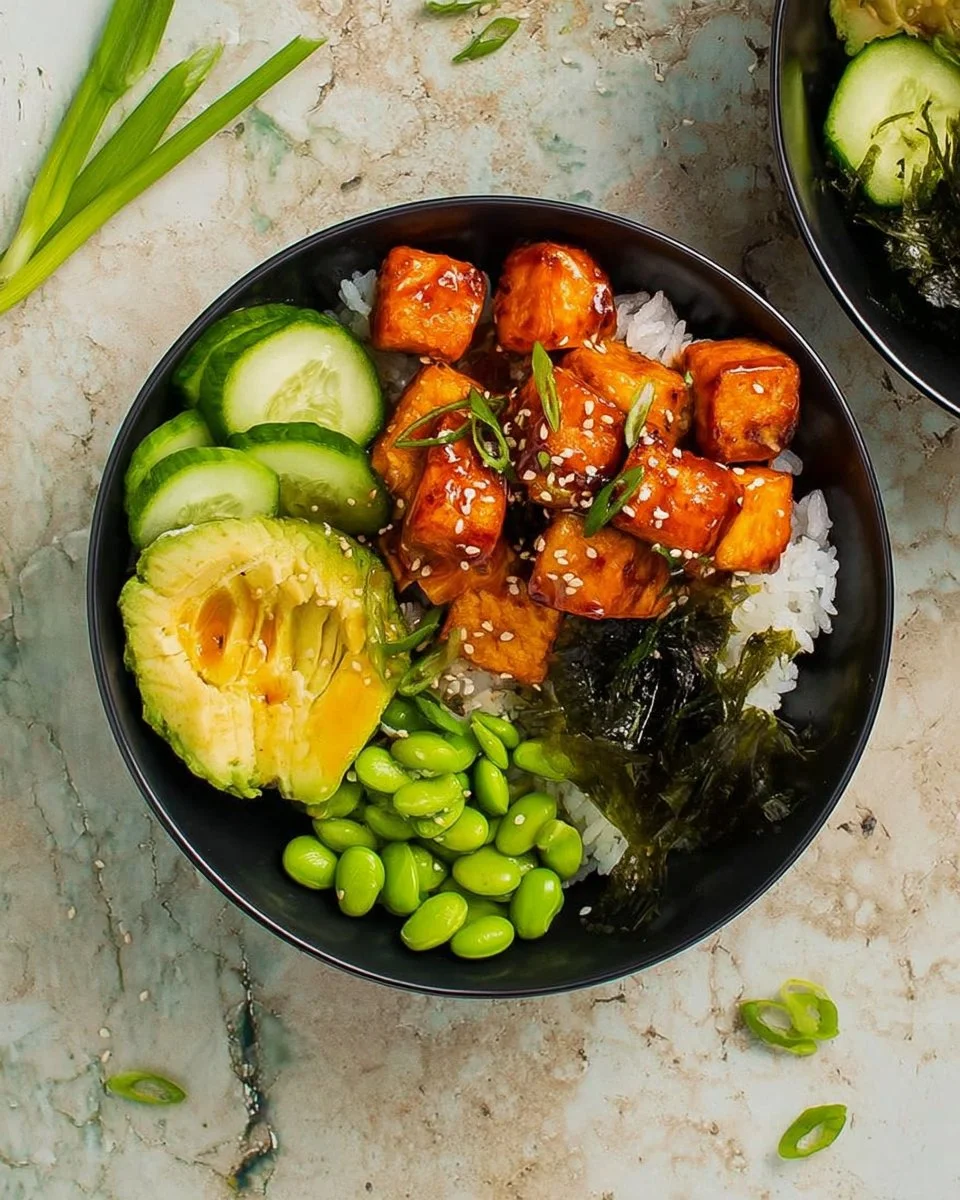 Delicious Air Fryer Bang Bang Salmon Bowls topped with spicy sauce and fresh veggies.