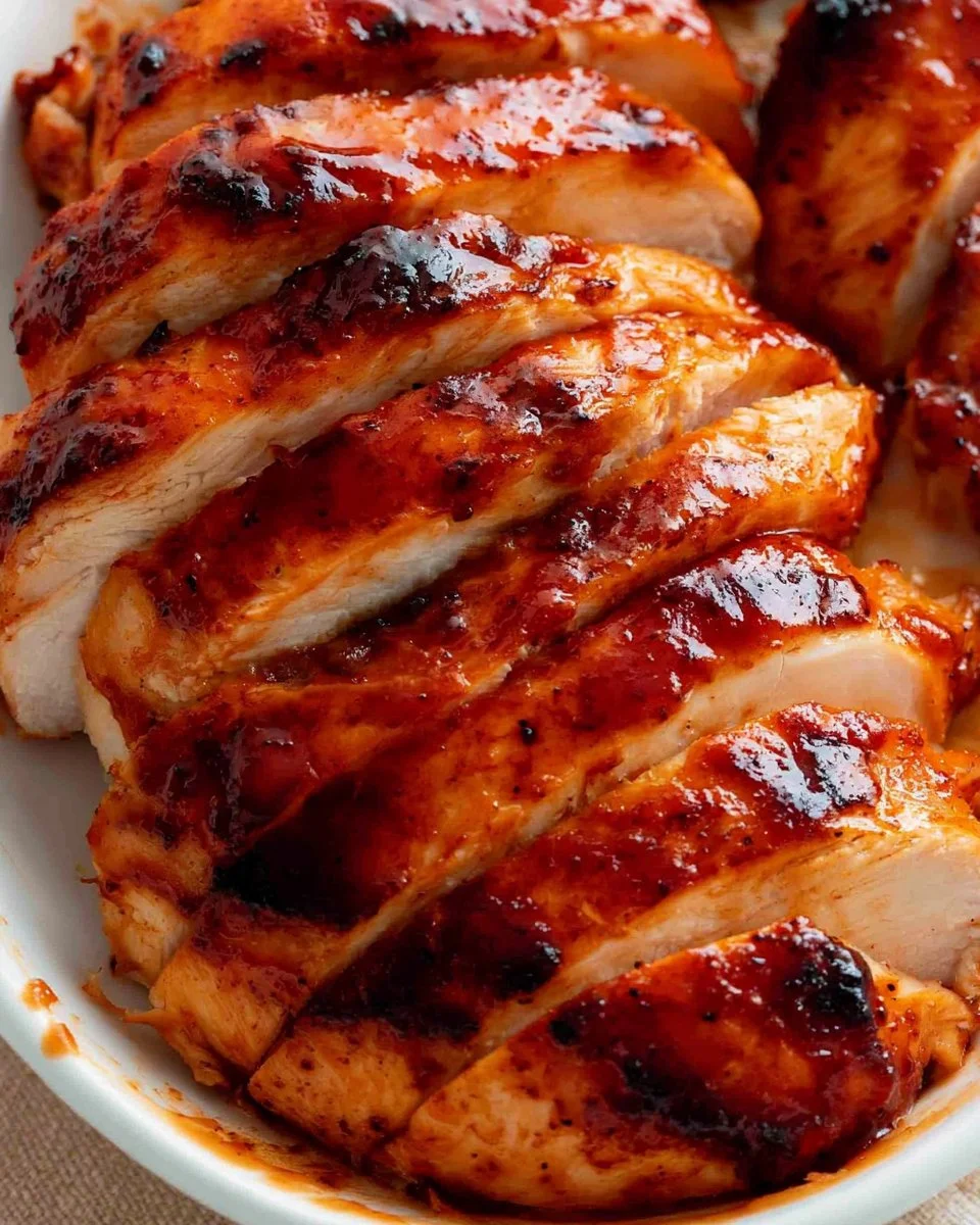 Air Fryer BBQ Chicken Breasts served on a plate with fresh herbs