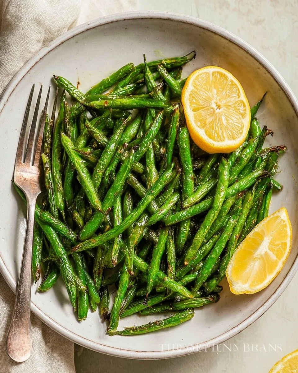 Crispy air fryer green beans served on a plate with herbs