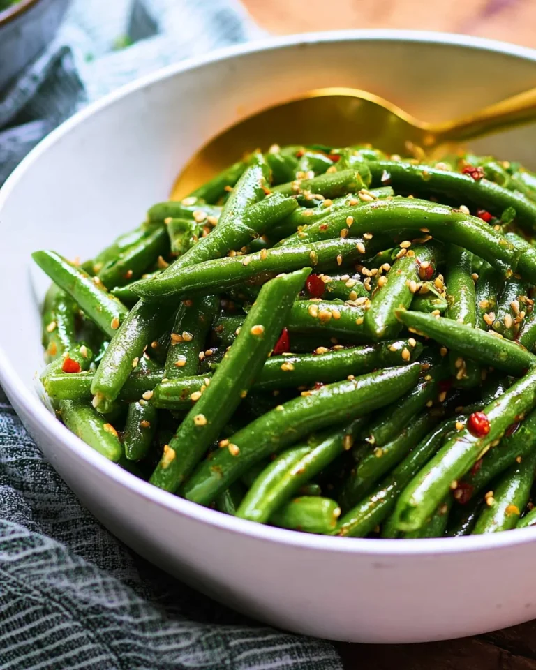 Bowl of vibrant Asian green bean salad with sesame and vegetables