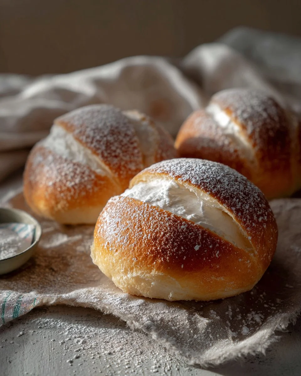 Delicious authentic Roman Maritozzi filled with cream and served on a plate