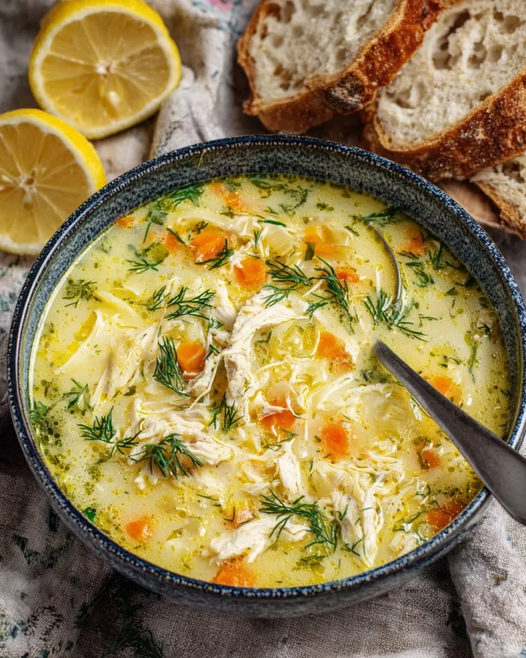 Bowl of average lemon chicken soup with fresh herbs and lemon slices